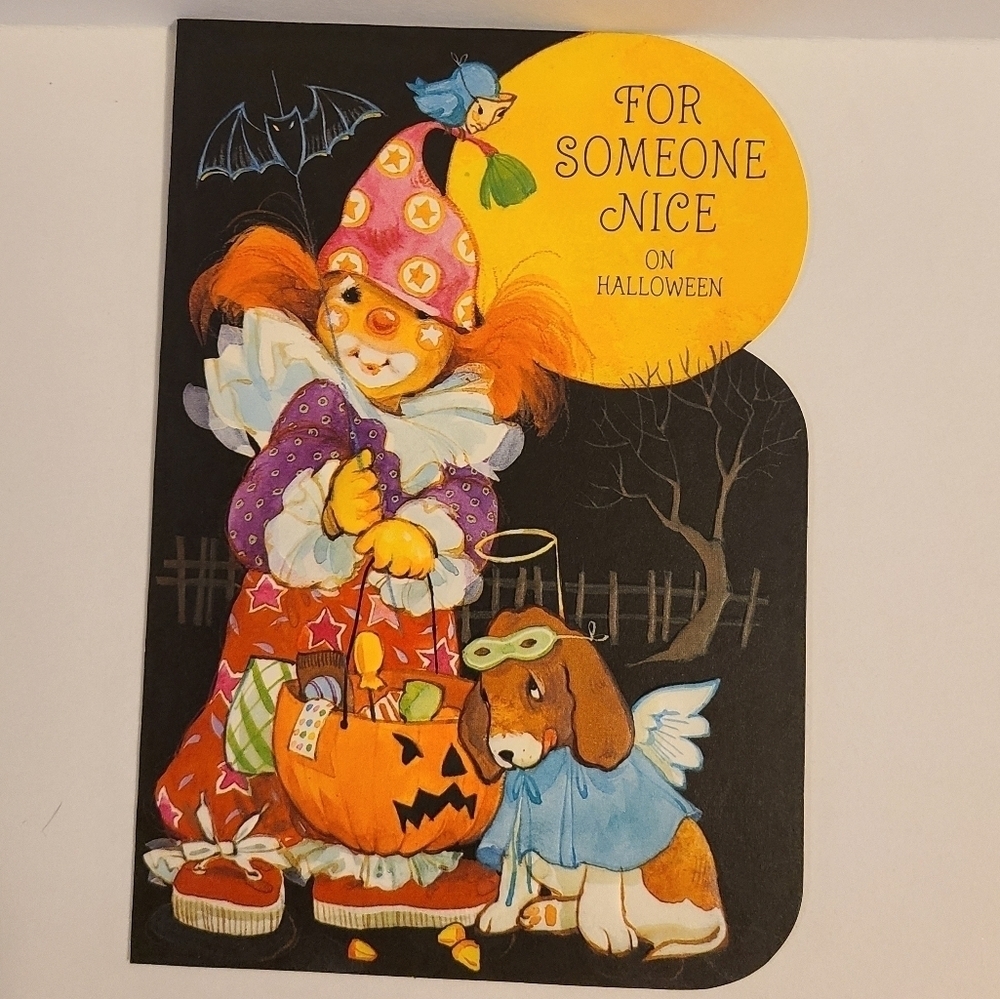 Vintage Hallmark Little Girl Clown and Puppy Angel Costumes Halloween Card - New